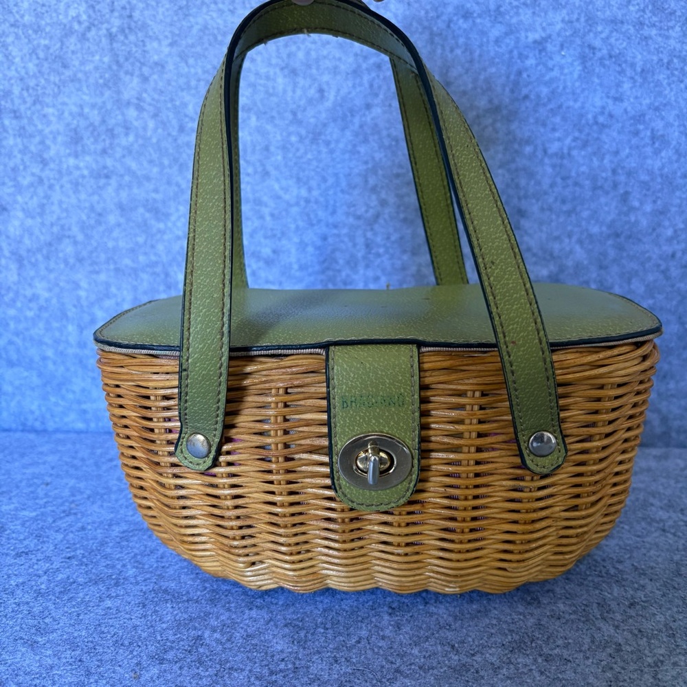 Braciano wicker picnic basket mini handbag purse tan and green vintage
